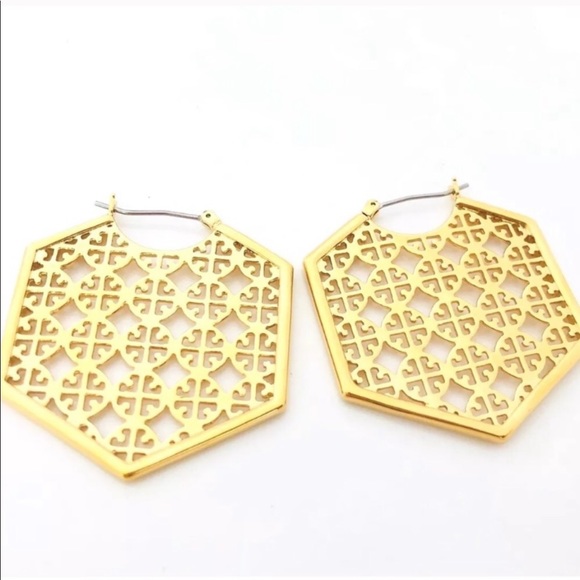 🆕Tory Burch Gold Hexagon Logo Earrings - Picture 2 of 3